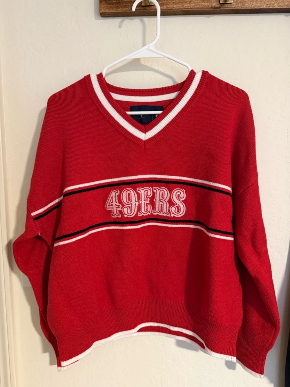 Abercrombie & Fitch Red V-Neck 49ERS Knit Sweater